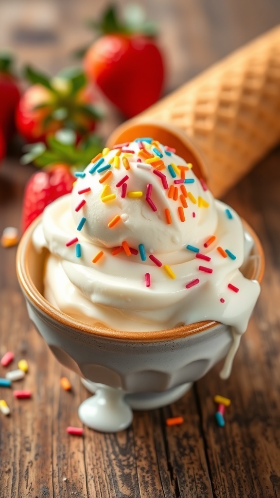 A bowl of vanilla ice cream with sprinkles on a wooden table, accompanied by strawberries and a waffle cone.